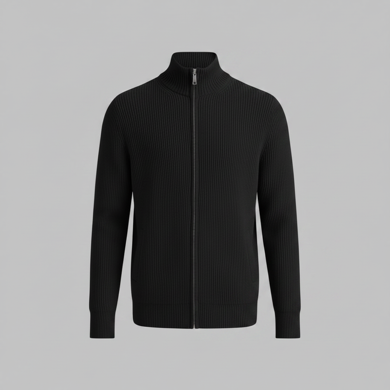 Men's Black Zip Up Cardigan | Slim Fit Ribbed Knit Sweater