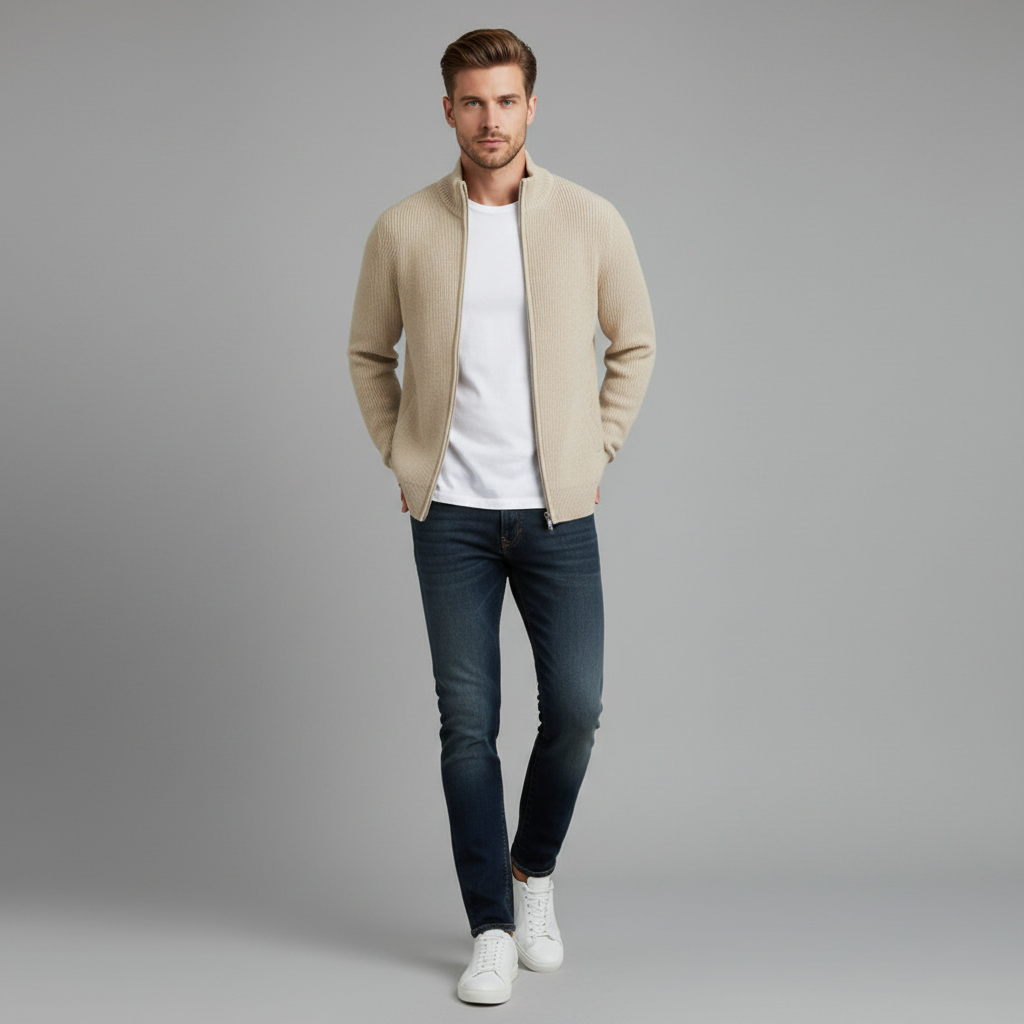 Men's Black Zip Up Cardigan | Slim Fit Ribbed Knit Sweater