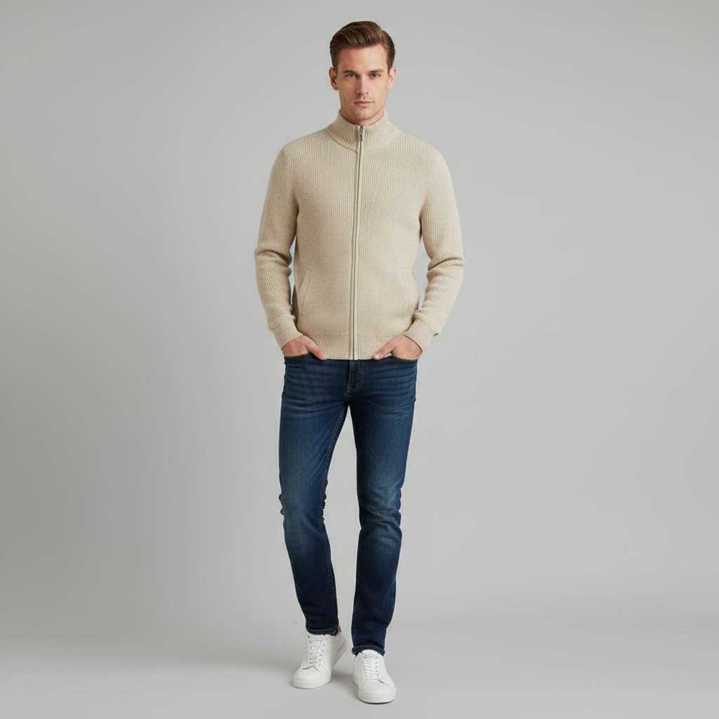 Men's Black Zip Up Cardigan | Slim Fit Ribbed Knit Sweater