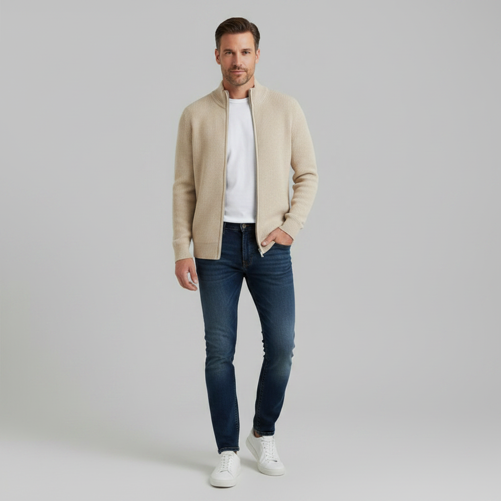 Men's Black Zip Up Cardigan | Slim Fit Ribbed Knit Sweater