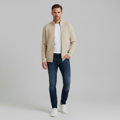 Men's Black Zip Up Cardigan | Slim Fit Ribbed Knit Sweater