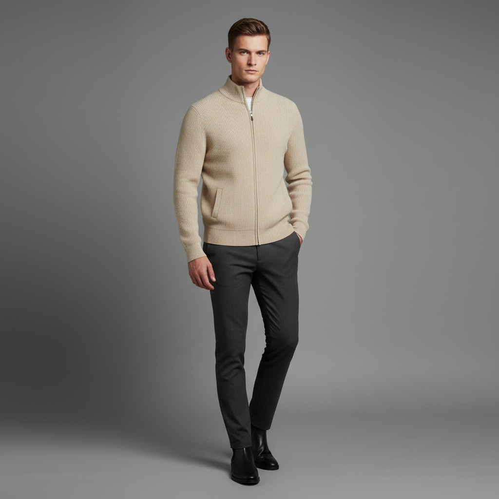 Men's Black Zip Up Cardigan | Slim Fit Ribbed Knit Sweater