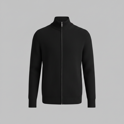 Men's Black Zip Up Cardigan | Slim Fit Ribbed Knit Sweater