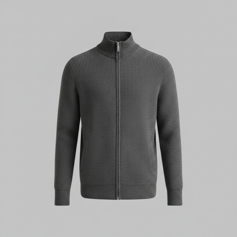 Men's Black Zip Up Cardigan | Slim Fit Ribbed Knit Sweater
