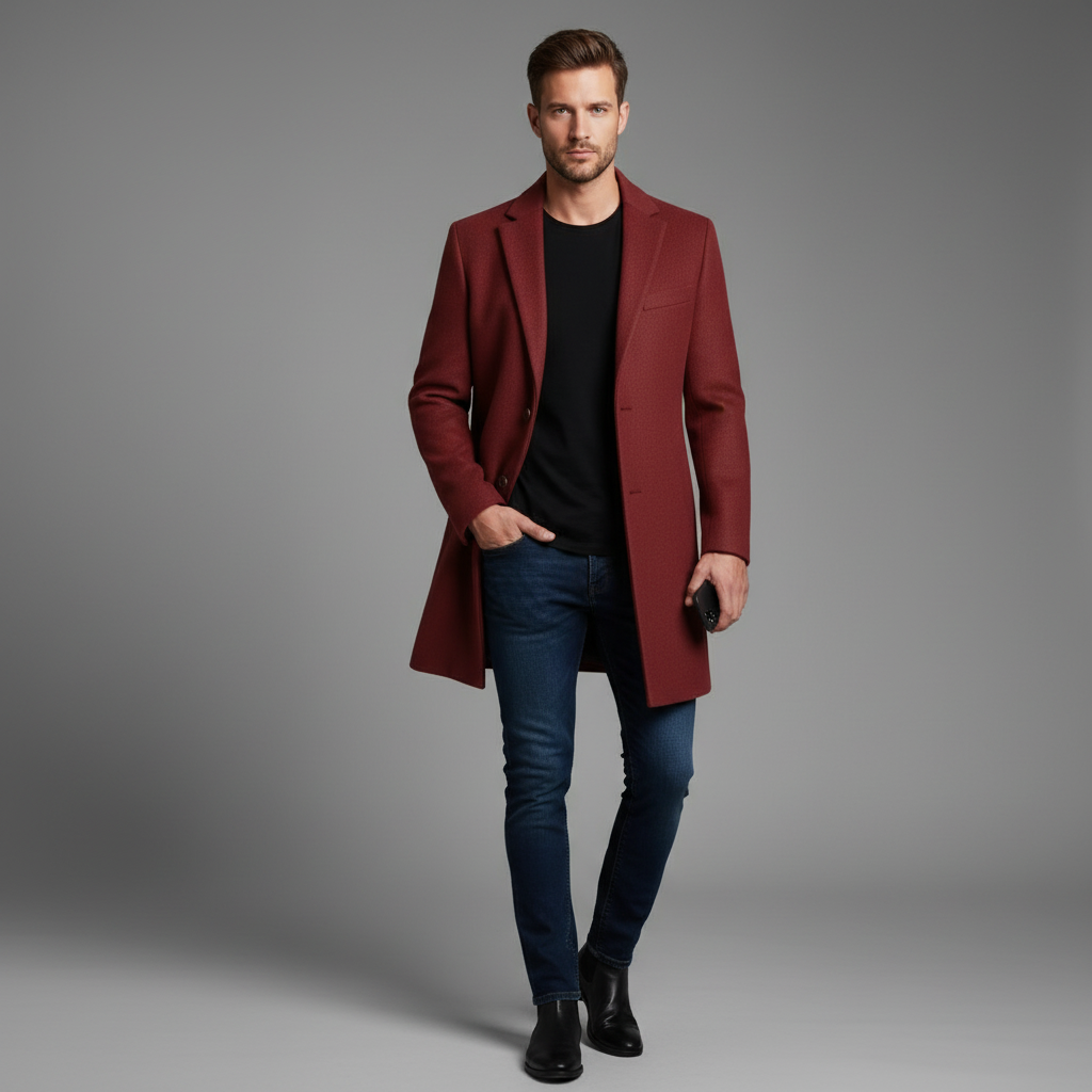 Men's Long Overcoat | Stylish Notched Lapel Wool Coat