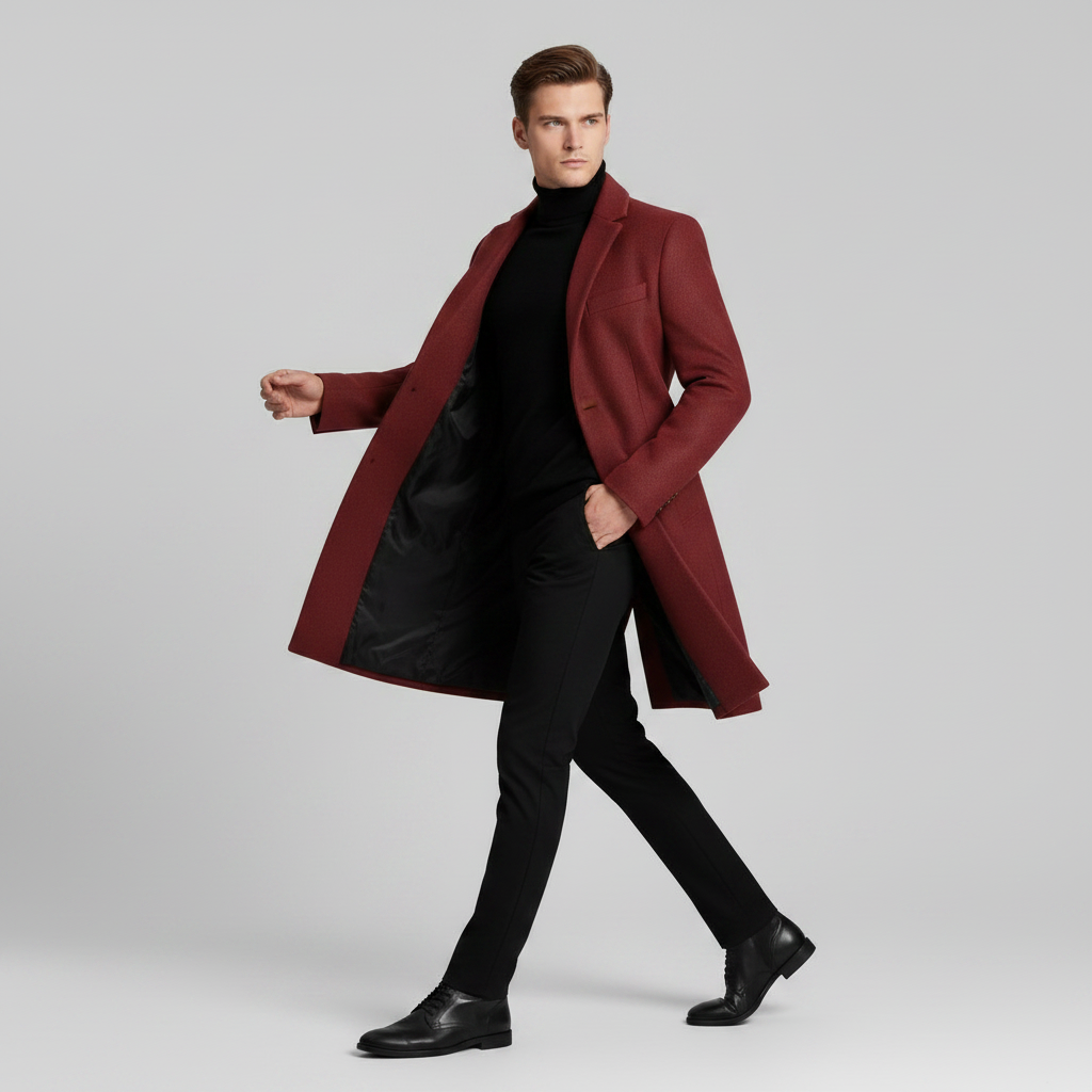 Men's Long Overcoat | Stylish Notched Lapel Wool Coat